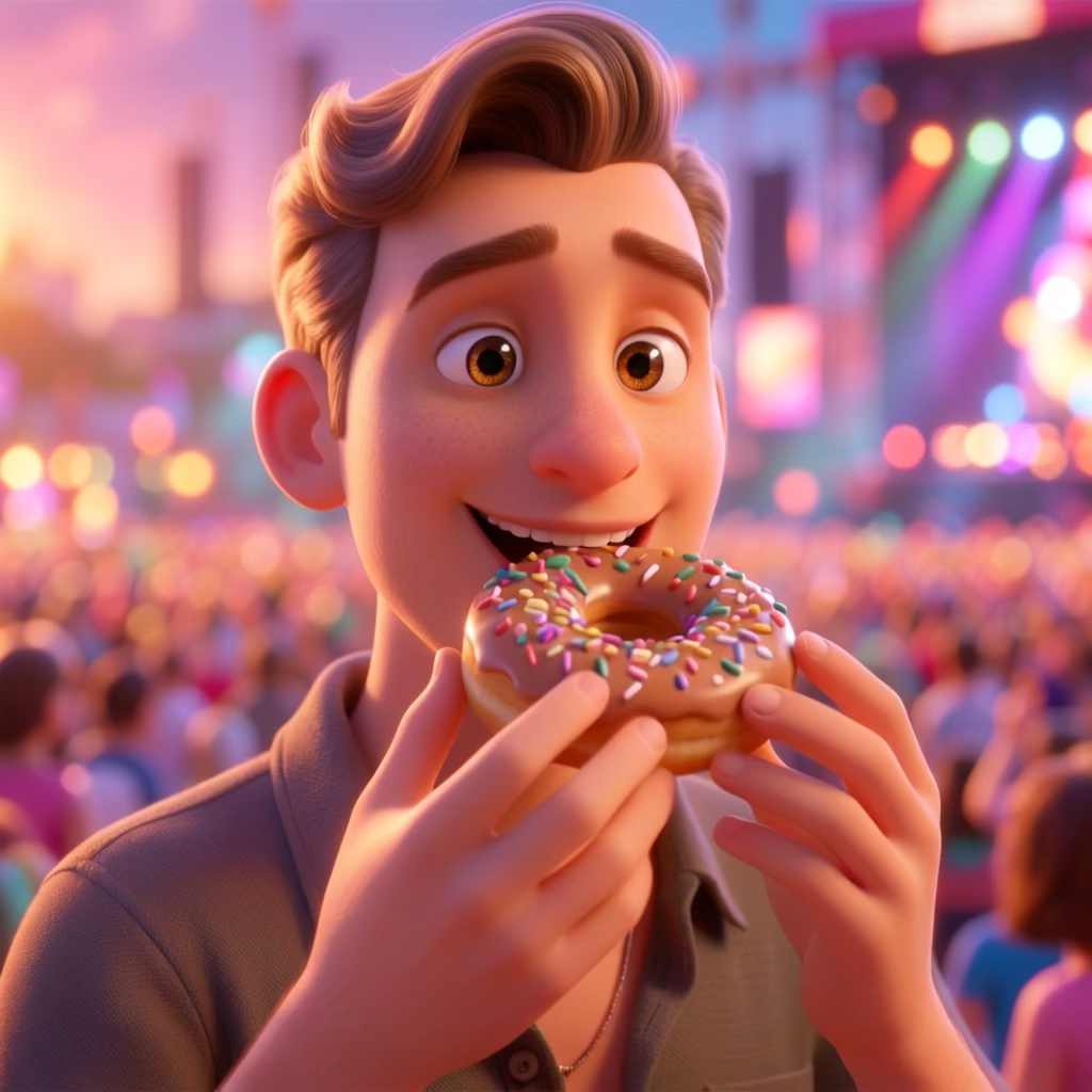 Craig, the Donut Scout, taking a bite of a sprinkled donut